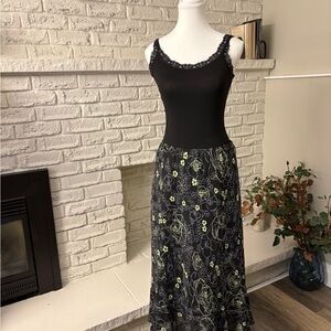 Vanity Fair Black and Lime Green Maxi Skirt with Floral Print Size 10